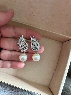 4/$50 Silver Pearl Drop Angel Wing Earrings - Elegant White Pearlescent Dangles